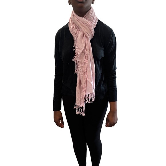 Pink Pashmina Style Scarf Lightweight Woven Shawl with Knotted Fringe Trim - Picture 2 of 6